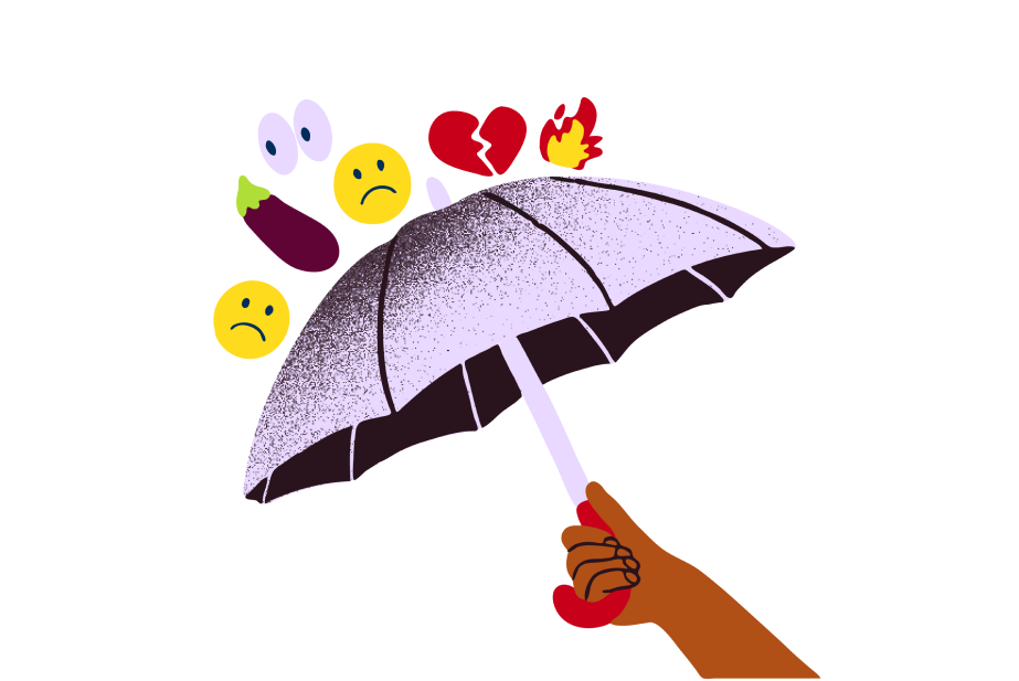 Illustration of an umbrella being held up to protect from negative emojis